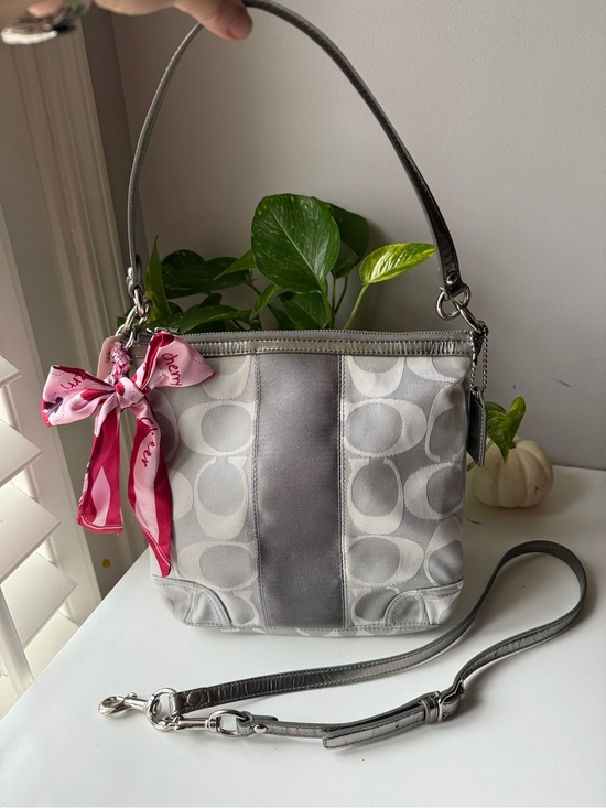 Coach Handbags - Coach Gray Signature Jacquard Shoulder Bag with Pink Scarf Accent